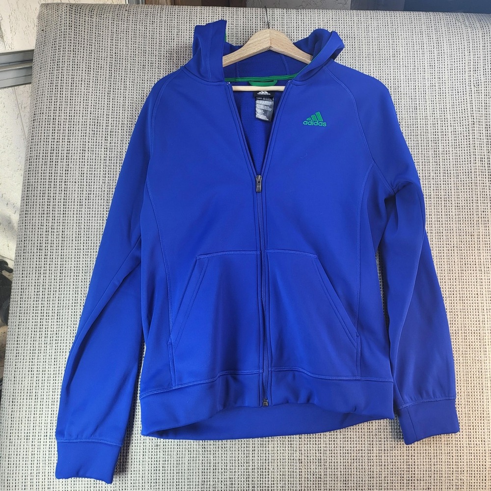 Adidas Hoodie Boys XL 18‎ Blue Full Zip Athletic Sweatshirt Green Logo Training